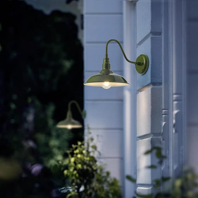 2 Pack Outdoor Gooseneck Barn Light with 14 Inch Dome, Farmhouse Exterior Wall Lights for Porch, Olive Green Patio Wall Lighting for House, Garage