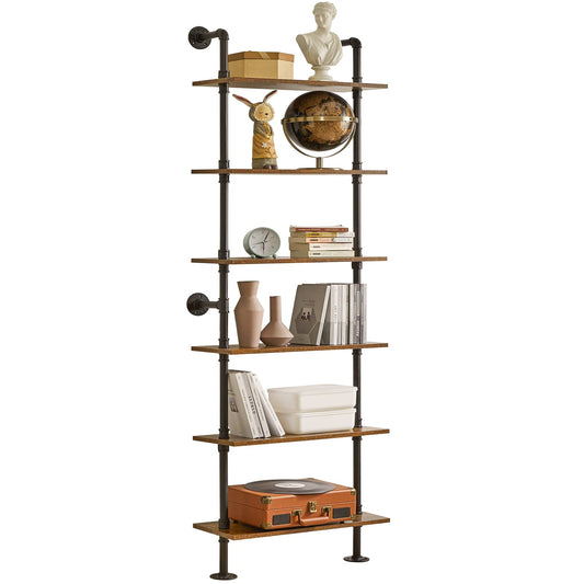 YMYNY Industrial Pipe Ladder Shelf, 6-Tier Wall Mounted Bookcase with Metal Frame, 78.7" Open Bookshelf, Multifunctional Storage Rack for Home Office, Living Room, Plant Stand, Rustic Brown, RF-TM018