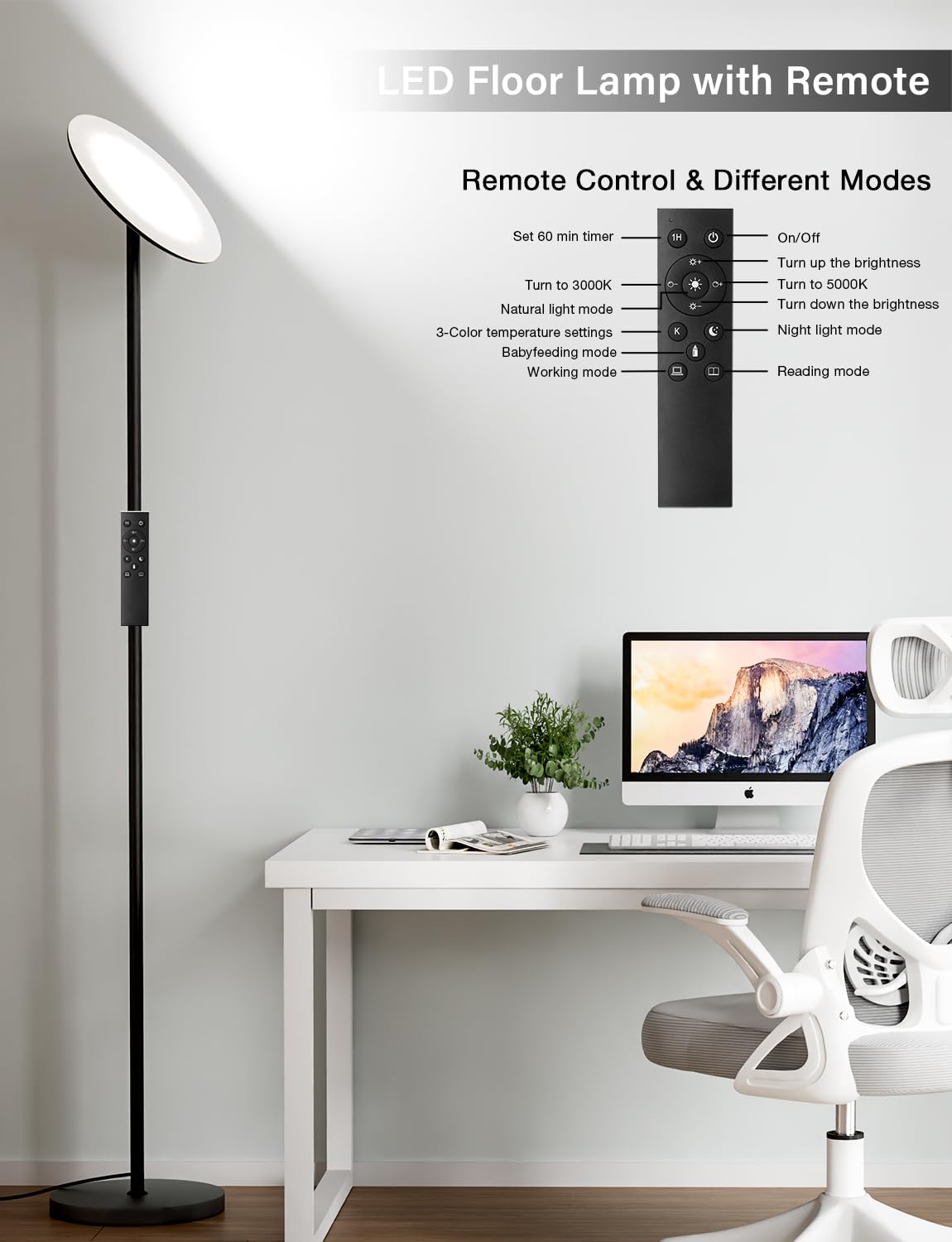 PreeOtti Modern LED Floor Lamp - Remote & Touch Control, 40W/2400LM Sky Torchiere Standing Lamp, Fully Dimmable, 3 Color Temperatures, Ideal for Living Room & Bedroom, Easy to Assemble