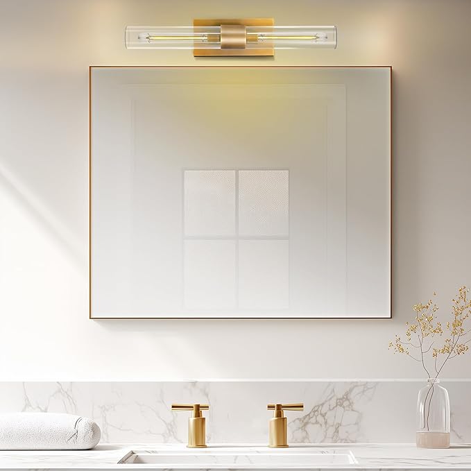 Brass Vanity Light Hardwired, 2-Light Bathroom Wall Sconce Over Mirror, 22.8" Gold Vanity Lights for Bathroom, Dimmable Wall Sconce with Glass Tube, Linear Wall Sconces for vertical and horizontal