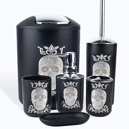 Halloween Bathroom Accessories Set 6 Piece Plastic Bathroom Ensemble Soap Dispenser Toothbrush Holder Tumbler Soap Dish Trash Can Toilet Brush Holder for Decorative Countertop Housewarming Gift(Black)