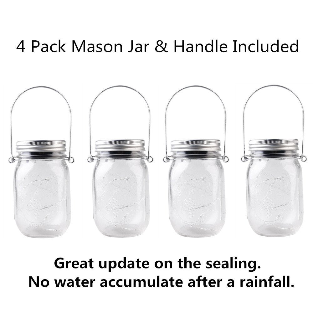 CHBKT 4-Pack Solar-powered Mason Jar Lights (Mason Jar / Handle Included),20 Bulbs Jar Hanging Light,Garden Outdoor Solar / Hanging Lantern,Decor Solar Light,Table Light,Patio Path Light,Warm White