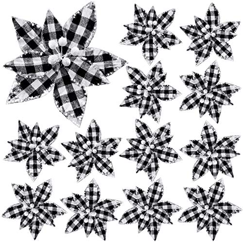 Syhood 12 Pieces Buffalo Plaid Poinsettias Christmas Tree Ornaments Artificial Christmas Flowers with Glitter Powder for Christmas Tree Wreaths Garland Holiday Decorations 6.7 Inch (Black and White)
