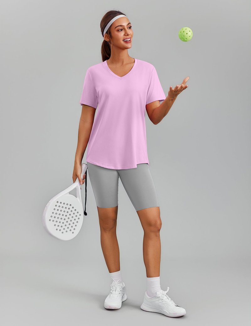 PINSPARK UPF 50 Sun Protection Shirts for Women Short Sleeve V Neck Hiking Tops Moisture Wicking UV Outdoor T-Shirts Quick Dry,Light Pink Large