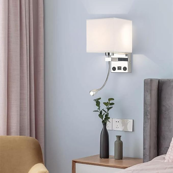 Sconces Wall Lighting Hardwired Modern Wall Lights for Bedroom with USB Port and Reading Lamp, Bedside Wall Lamps for Hotel, Living Room, Office (Silver)