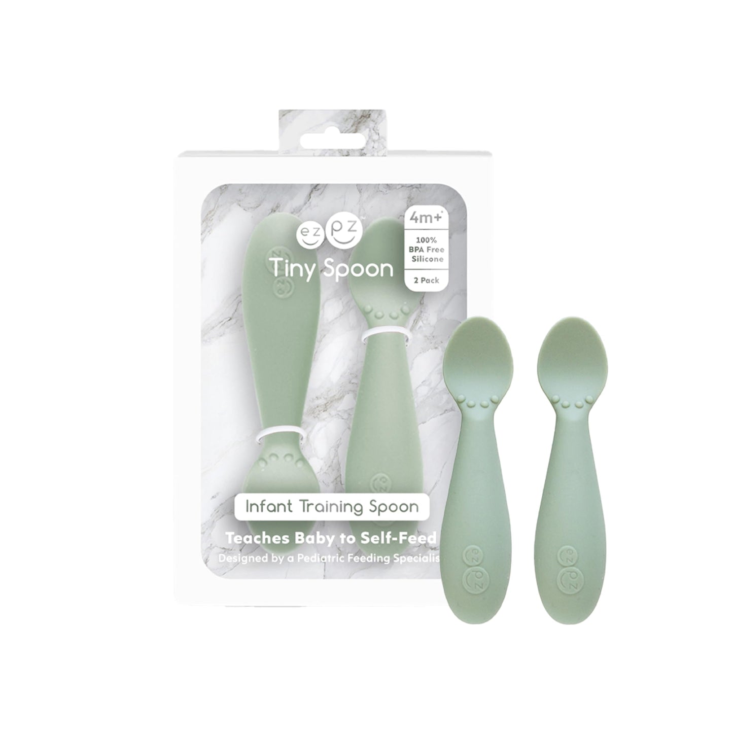 ezpz Tiny Spoon (2 Pack in Sage) - 100% Silicone Baby Spoon for Baby Led Weaning + Purees - 6 Months + - Designed by a Pediatric Feeding Specialist - Baby Essentials & Baby Gifts