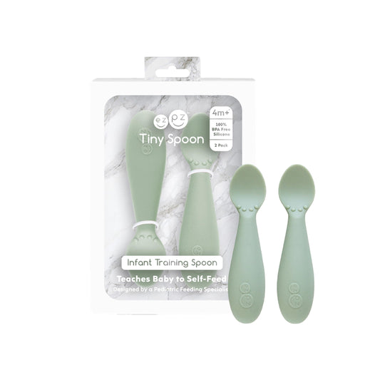 ezpz Tiny Spoon (2 Pack in Sage) - 100% Silicone Baby Spoon for Baby Led Weaning + Purees - 6 Months + - Designed by a Pediatric Feeding Specialist - Baby Essentials & Baby Gifts