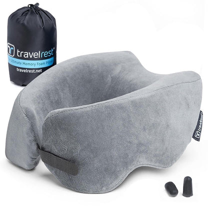 Travelrest Nest Memory Foam Travel Neck Pillow, Advanced Support for Long Flights, Patented Design for Optimal Relaxation, Compact, Ergonomic, and Washable, On-the-Go and Attacthes to Luggage - Gray