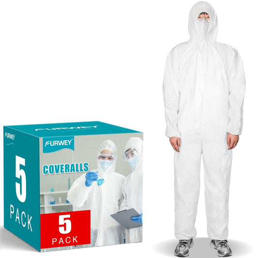 FURWEY Hazmat Suits 5 Pack Disposable Protective Coveralls, Heavy Duty Full Body Painters Suit for Men & Women with Elastic Wrists, Ankles and Hood, Available in 5 sizes-Large