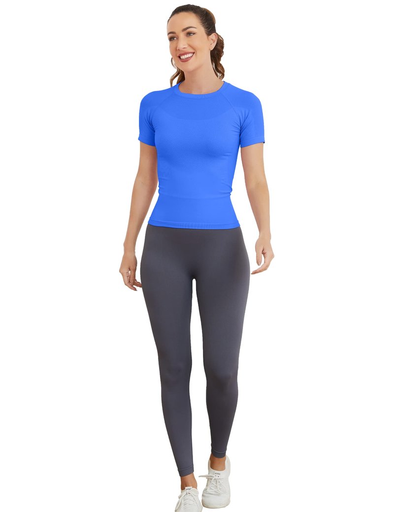 MathCat Short Sleeve Workout Tops for Women, Seamless Women's Compression Shirt, Yoga Running Athletic Shirts Soft Gym Tops Lakeblue