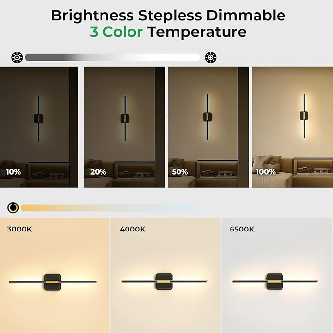 1 Pack 10000mAh Detachable Battery Operated Wall Sconce, Wireless Wall Lamp 360°Rotate,3000-6500K Dimmable, Rechargeable Wall Light for Bedroom, Living Room, 28.3 Inch Black Gold