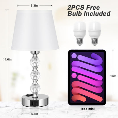 Acaxin 14.6'' Bedside Lamps for bedrooms Set of 2 - Mini Crystal Table Lamps with USB A+C Charging Ports and AC Outlet, 3 Way Dimmable Touch Control Silver Bed Side Nightstand Lamp