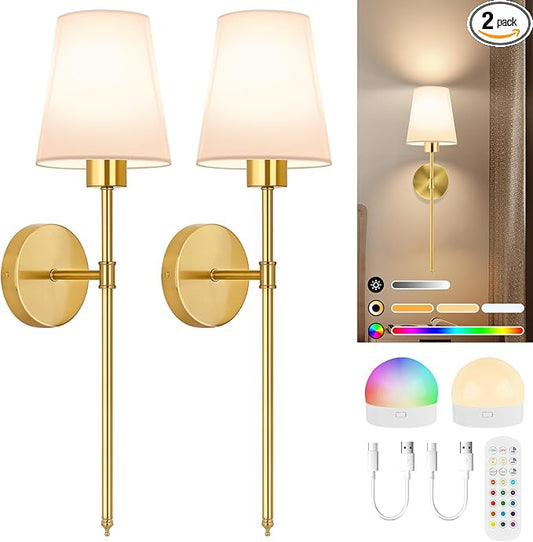 TISLYCO Battery Operated Wall Sconces Set of 2, Gold Rechargeable Wall Lamps with 2500mAh Magnet Detachable Dimmable Remote Bulbs,12 RGB Colors & 3 Color Temperatures Wireless Wall Lights for Bedroom