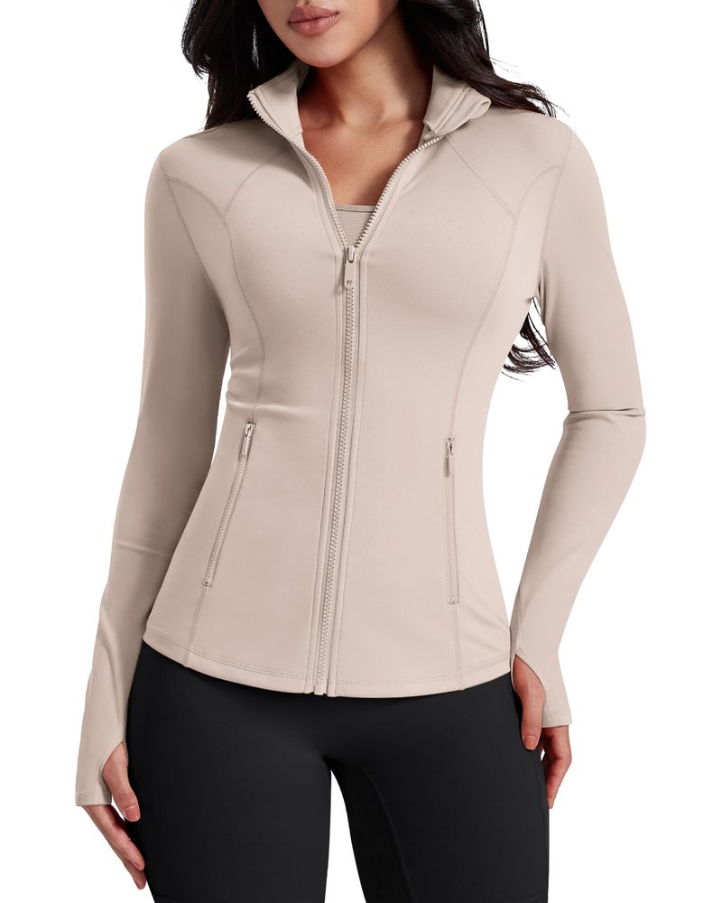 AVGO Womens Workout Jackets Lightweight Athletic Zip Up Jacket Slim Fit Running Gym Top with Pockets & Thumb Holes(Almond, S)