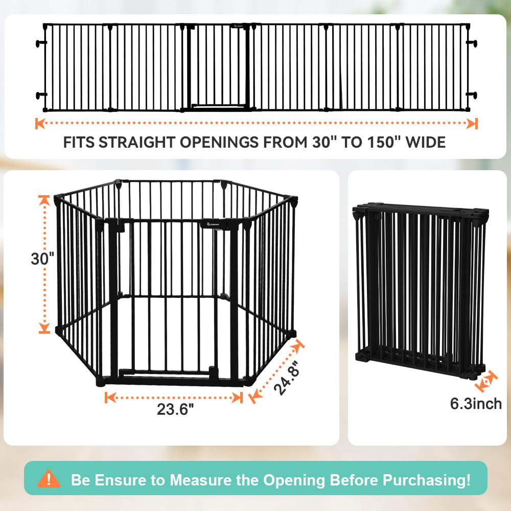 COMOMY 380cm Extra Wide Baby Gate, Dog Gates for Stairs Doorways, Fire Guard Safety Gates for Kids&Pets, Auto Close Baby Fence Barrier Indoor with Door, Hardware Mounted, 6-Panels (76cm Tall, Black)