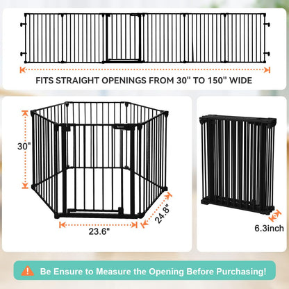 COMOMY 380cm Extra Wide Baby Gate, Dog Gates for Stairs Doorways, Fire Guard Safety Gates for Kids&Pets, Auto Close Baby Fence Barrier Indoor with Door, Hardware Mounted, 6-Panels (76cm Tall, Black)