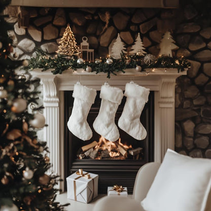 AOGU 3 Pack 18 Inch Snowy White Christmas Stockings Faux Fur Xmas Christmas Stockings Hanging Ornaments Candy Gift Bags for Christmas Decorations