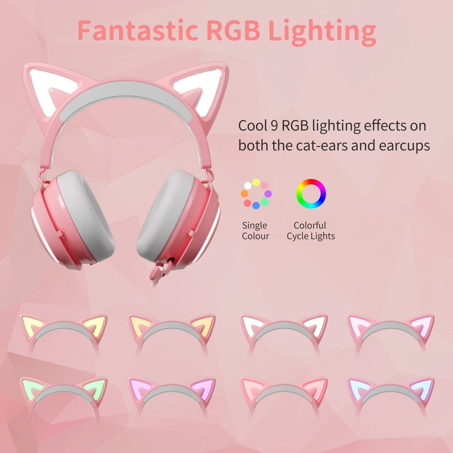 EASARS Pink Gaming Headset GS510, Wired, Over Ear, Cat Ear Design with RGB Lighting, 7.1 Surround Sound, Retractable Mic, Compatible with PC, PS4, PS5