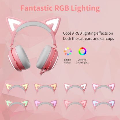 EASARS Pink Gaming Headset GS510, Wired, Over Ear, Cat Ear Design with RGB Lighting, 7.1 Surround Sound, Retractable Mic, Compatible with PC, PS4, PS5