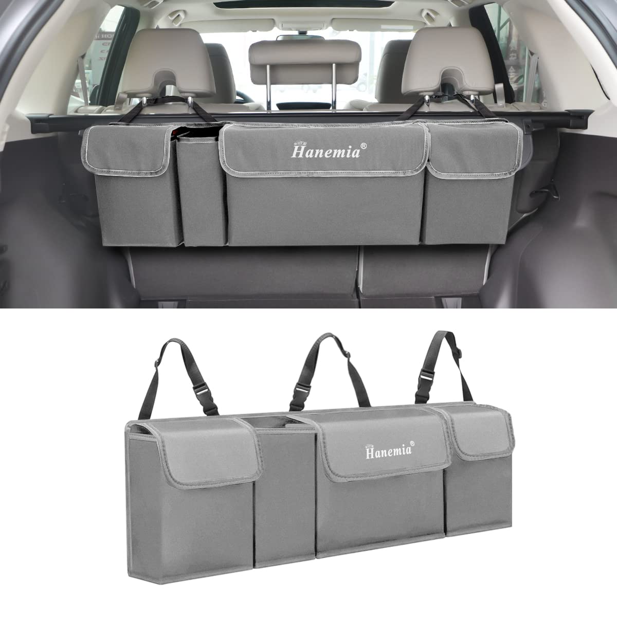 Car Trunk Organizer and Storage, Backseat Hanging Organizer for SUV, Truck, MPV, Waterproof, Collapsible Cargo Storage Bag with 4 Pockets, Car Interior Accessories (Gray)