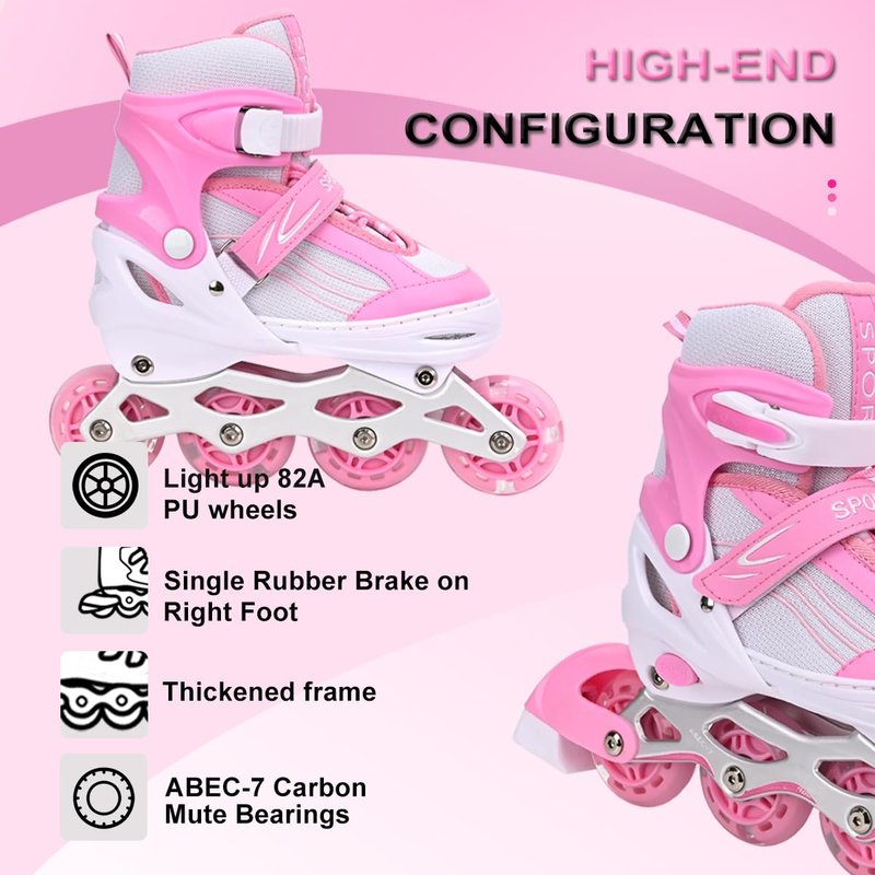 Kids Inline Skates for Girls Boys with All Wheels Illuminating, Adjuatable Mens and Womens Roller Skates Blades for Beginner in Outdoor and Indoor (Pink&White, Medium - Big Kids)