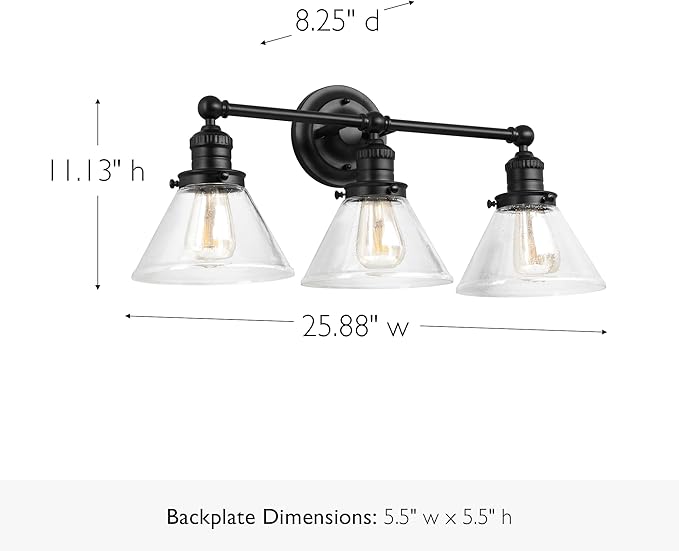Design House Augustin Vanity Light, 3-Light, Seeded Glass Warm Glow, Dimmable, Up/Down Glow, Easy Installation, E26 Socket, Black, 25.9 in L x 8.3 in D x 11.1 in H, 589036-BLK
