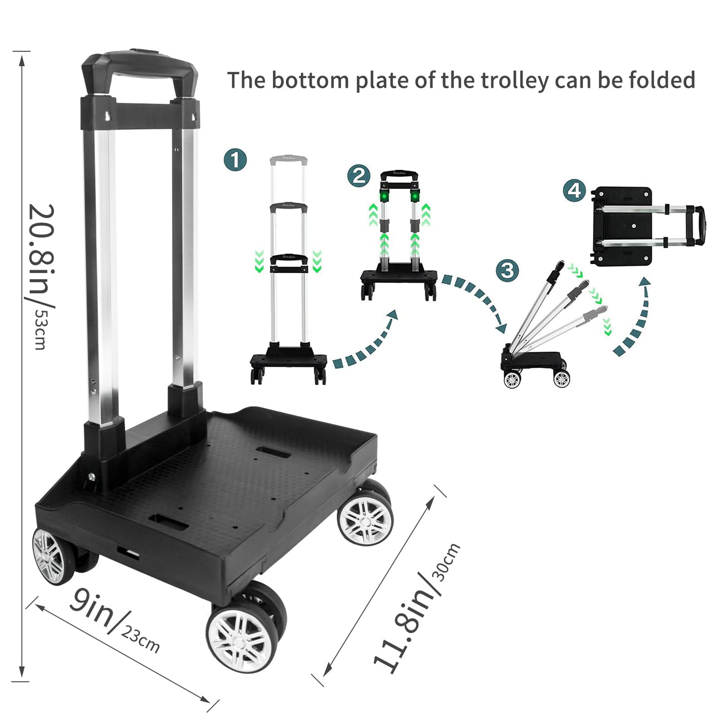 Backpack Trolley Wheeled Cart, Foldable Aluminium Alloy Hand Truck with Edge Guard Base, 4 Spinner Wheels, Luggage Cart with Luggage Strap for Teenagers, Adults, School,Luggage Trolley for Travel