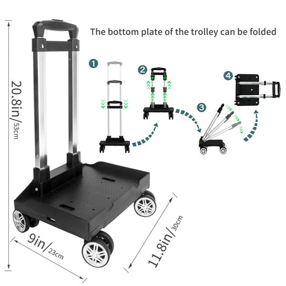 Backpack Trolley Wheeled Cart, Foldable Aluminium Alloy Hand Truck with Edge Guard Base, 4 Spinner Wheels, Luggage Cart with Luggage Strap for Teenagers, Adults, School,Luggage Trolley for Travel