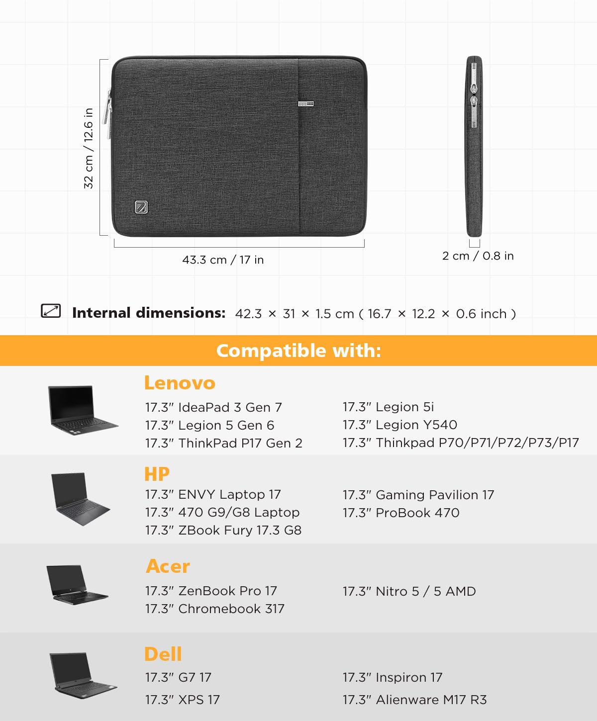 NIDOO 17.3 Inch Laptop Sleeve Case Protective Notebook Bag PC Cover for 17.3" IdeaPad 3 / Legion 5 / ThinkPad P17 / ENVY Laptop 17 / ProBook 470 / XPS 17 / Chromebook 317 / ZenBook Pro 17, Dark Grey