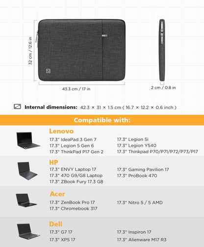 NIDOO 17.3 Inch Laptop Sleeve Case Protective Notebook Bag PC Cover for 17.3" IdeaPad 3 / Legion 5 / ThinkPad P17 / ENVY Laptop 17 / ProBook 470 / XPS 17 / Chromebook 317 / ZenBook Pro 17, Dark Grey
