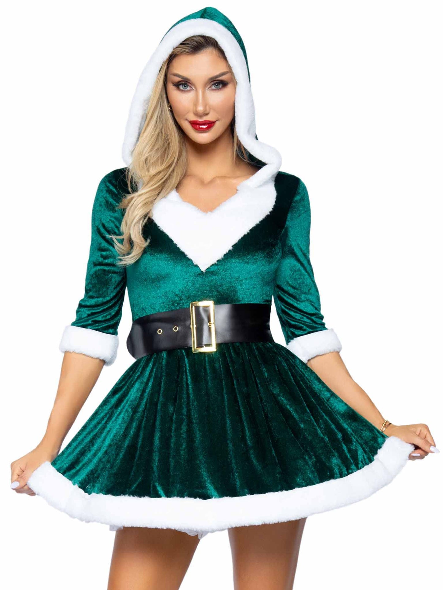 Leg Avenue Womens - 2 Piece Mrs Claus Set Velvet Hooded Dress With Belt for Christmas Adult Sized Costumes, Green, Small Medium US