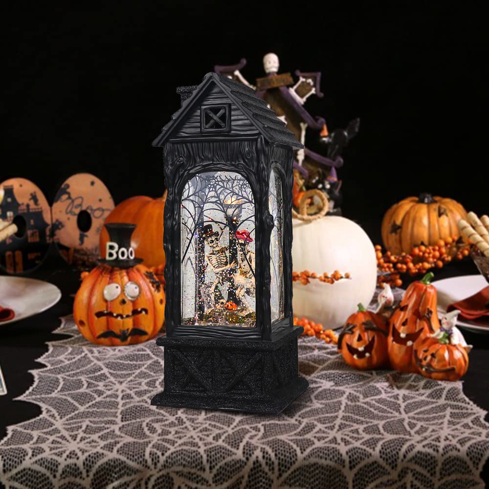 GenSwin Halloween Skeleton Snow Globe Lantern Ghost Projection Lamp with 6 Hour Timer, Battery Operated & USB Powered LED Spinning Water Glittering Globe Halloween Decoration Parties(11”, 3AA)