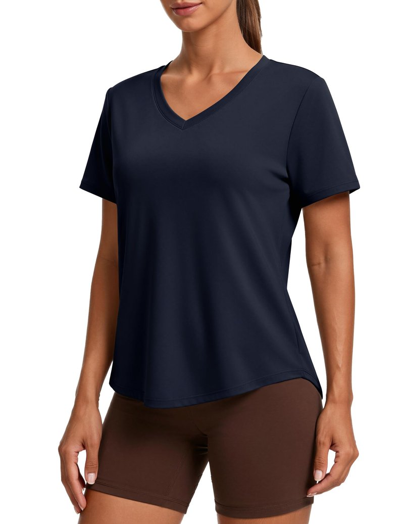 PINSPARK Athletic Tops for Women Short Sleeve V Neck Workout Shirts Moisture Wicking Quick Dry Running Gym T-Shirts Lightweight,Dark Navy Large