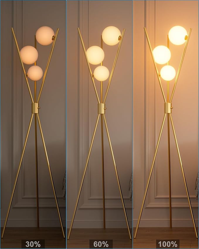 Lightdot Tripod Floor Lamp Stepless Dimmable Globe Modern Floor Lamp Gold Standing Lamps with 3PCS 3000K G9 Bulbs Stable Base Mid Century Modern Floor Lamps for Living Room