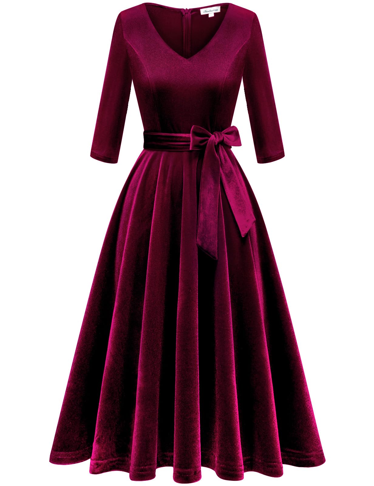 Bbonlinedress Velvet Vintage Cocktail Tea Formal Wedding Guest Midi Prom Long Sleeve Christmas Dress Burgundy 3XL