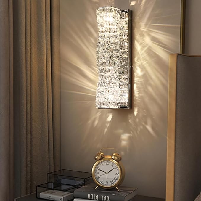 Modern Silver Crystal Wall Sconce, Adjustable Color Temperature LED Glass Wall Light, Luxurious Indoor Wall Mount Light Fixture for Bedroom Living Room Corridor Entrance Lighting