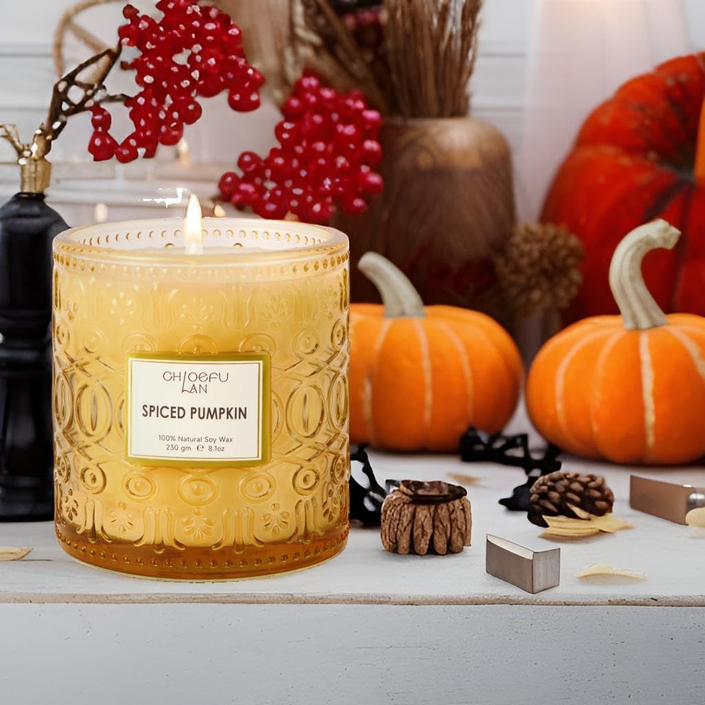 Chloefu LAN Fall Candles for Home Decor Spiced Pumpkin Candle for Halloween, Luxury Scented Soy Jar Autumn Candles with up to 55 Hour Long Lasting, Sweet Home Decor, Barn Fall Decor Pottery, 8.1 oz
