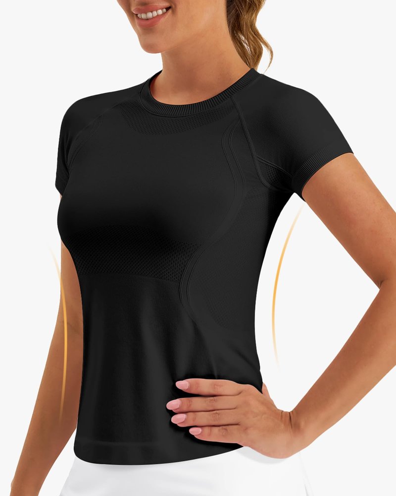 Stelle Women Workout Tops Short Sleeve Seamless Athletic Shirts Yoga Gym Sports Breathable Tees(Black,XS)