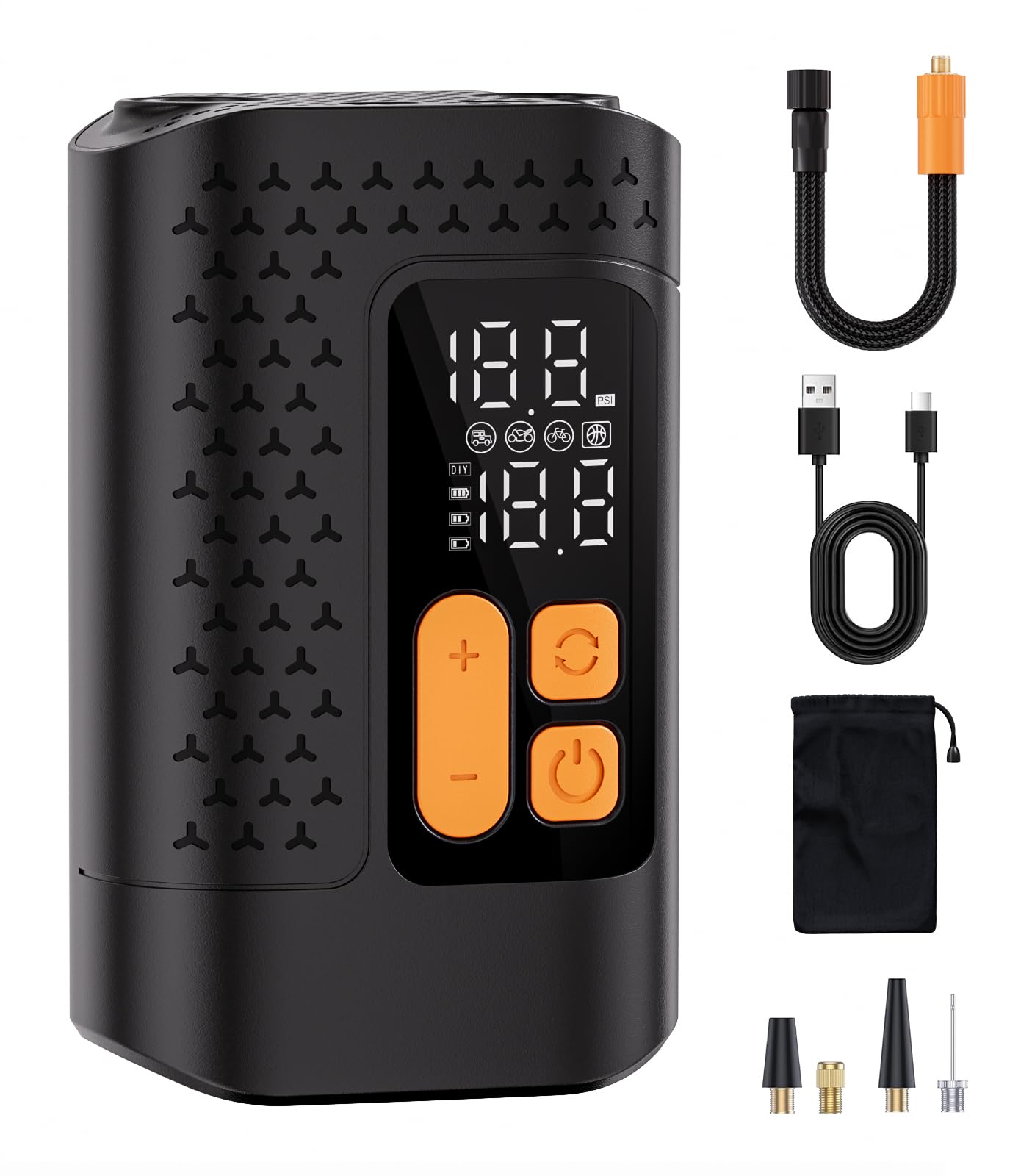 Electric Bike Pump, 160PSI Mini Bike Tire Pump, 4X Fast Bicycle Pump with Digital Pressure Gauge, Bike Air Pump with Presta and Schrader Valve for Mountain Bike, Moto, Road Bike, Car and Balls