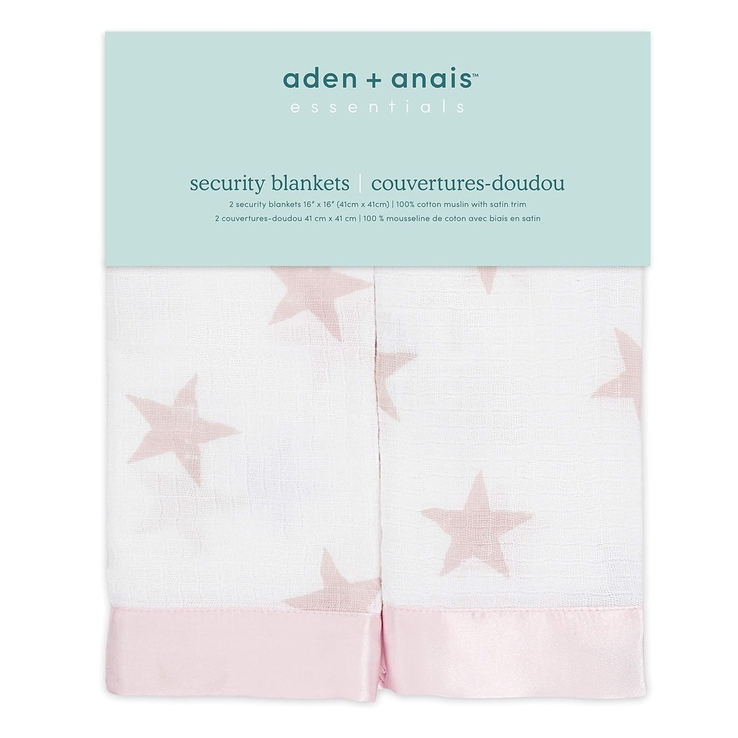 aden + anais essentials Issie Security Blanket, Super Soft 100% Cotton Muslin, Satin Trim, 2 pack, doll