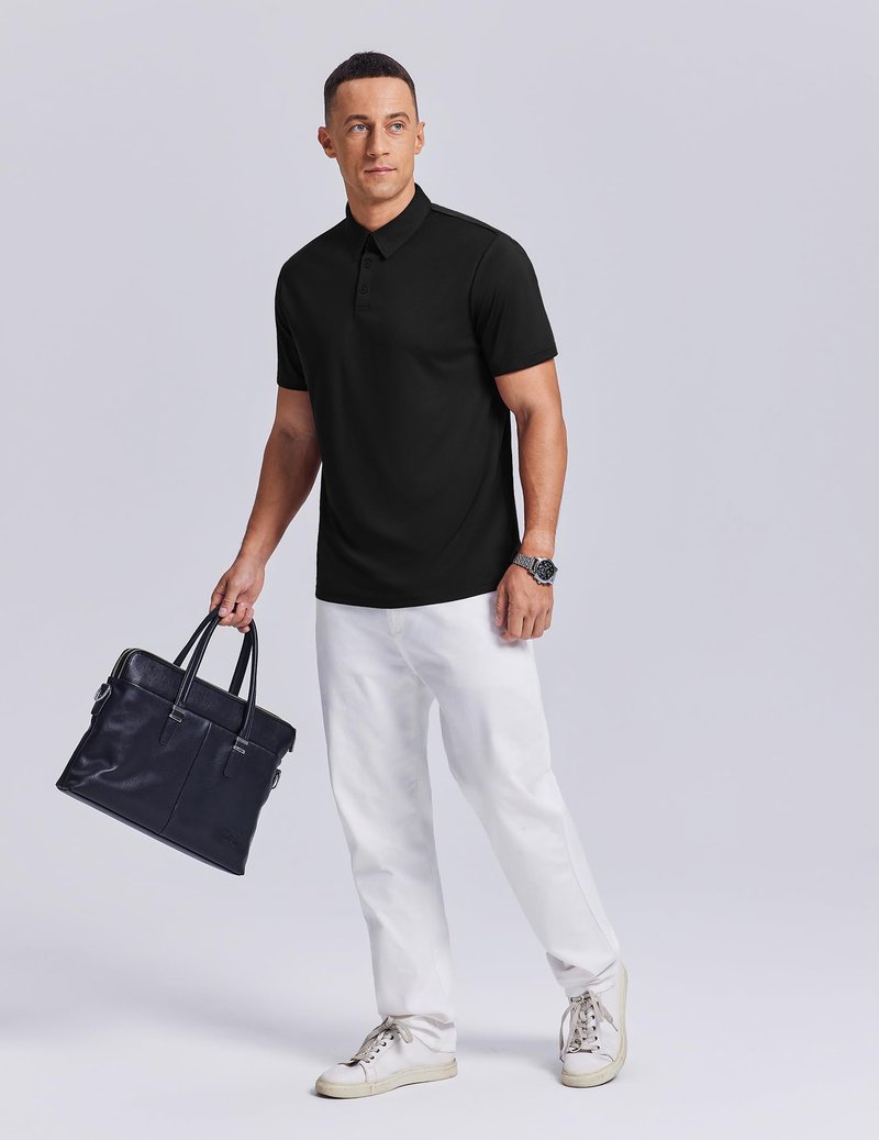 PINSPARK Mens Golf Shirt 3 Buttons Quick Dry Polo Shirts for Men Short Sleeve Casual Stylish Collared Polo Shirts Black