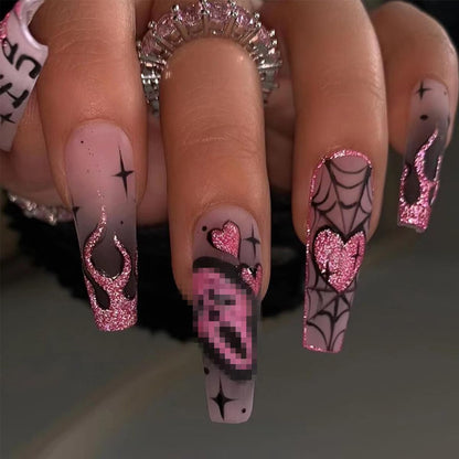 Halloween Press on Nails Long Coffin Fake Nails with Designs Cute Ghost False Nails Heart Flame Spider Skull Glue on Nails Full Cover Suqare Artificial Acrylic Stick on Nail for Women Girls 24 Pcs