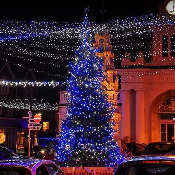 kemooie 500 LED Christmas String Lights, 164FT 8 Lighting Mode with Memory Plug in Green Wire Waterproof Lights, for Outdoor Birthday Christmas Party Garden Balcony Decorations (Blue and White)