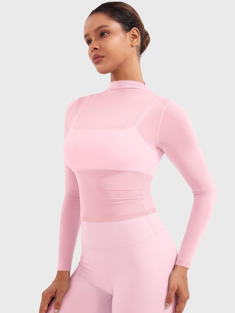 YEOREO Womens Sheer Tops Long Sleeve See Through Tops Mock Neck Slim Fit Workout Shirt Jamy Going Out Sexy Shirts Cherry Blossom M