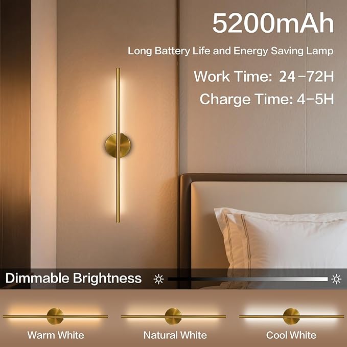 Rechargable Wall Sconce Set of Two, Modern Wireless Brass Wall Light Sconce with Remote, 28.35Inch Dimmable Indoor Home Wall Decor Lights for Bedroom, Living Room, Hallway (Bronze/Round)