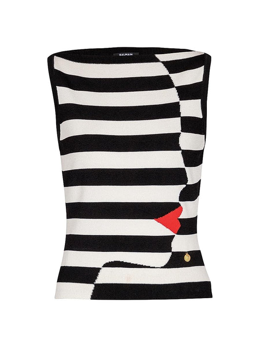 Balmain, Graphic Striped Stretch-Knit Boatneck Top, 36 (4), Noir Blanc Rouge