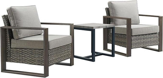 3 Piece Wicker Patio Furniture Set,Patio Bistro Set with 2 Rattan Armrest Chairs and 1 Side Table,Sturdy Frame,All-Weather PE Wicker,Wide Armrest,Deep Seating and Thick Cushions(Mixed Grey/Grey)