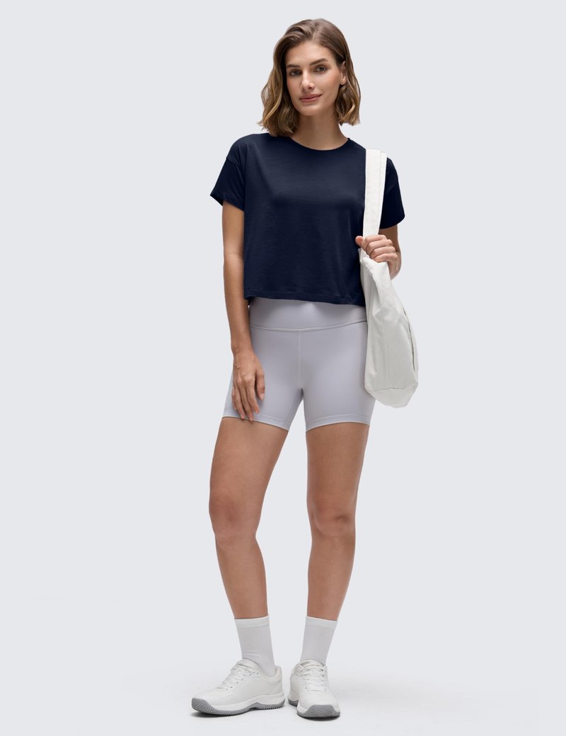 CRZ YOGA Pima Cotton Relaxed Crop T-Shirts for Women - Workout Athletic Gym Casual Short Sleeve Shirts Loose Crewneck Tops Navy Small