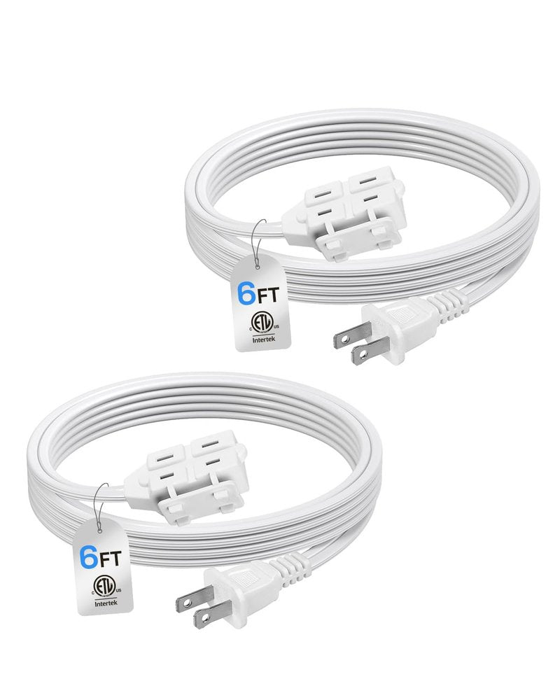 BN-LINK 6 ft 3 Outlet Indoor Extension Cord 16/2 SPT-2, 2 Pack White, 2 Prong Polarized Plug, Household Power Cord for Home, Office, and Holiday Decorations