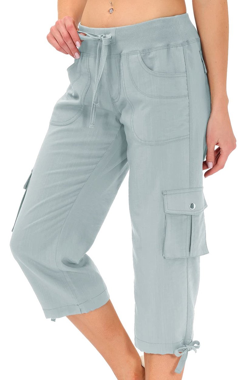 MoFiz Womens Capris with Pockets Loose Fit Casual Capri Pants Dressy Lightweight Ladies Baggy Cargo Pants for Hiking Light Gray XS